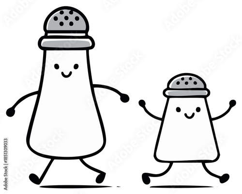 Cartoon salt and pepper shakers with cute expressions and limbs