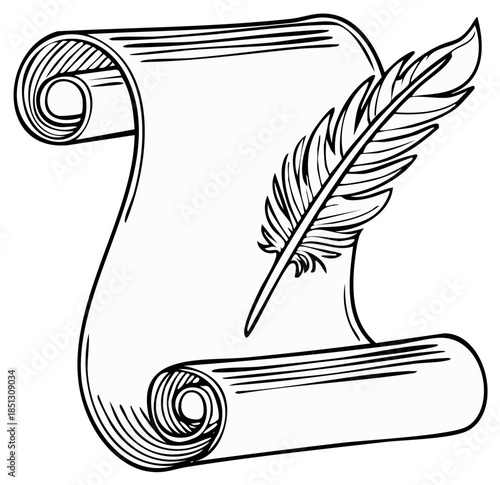 Old parchment scroll with feather quill pen, antique writing concept black and white illustration