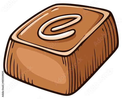 Illustration of a square chocolate candy with creamy icing on top, sweet dessert illustration