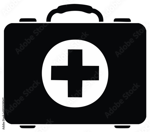 Medical first aid kit case with a cross symbol. Black and white emergency healthcare icon.