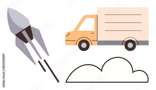 Rocket taking off beside a delivery truck and a cloud, symbolizing technology, transport, innovation, speed, global connectivity, startup growth, and efficiency. Ideal for simple flat metaphor