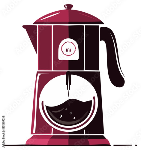 Stylized Moka Pot Brewing Coffee Rich Dark Brew, Home Kitchen Aroma