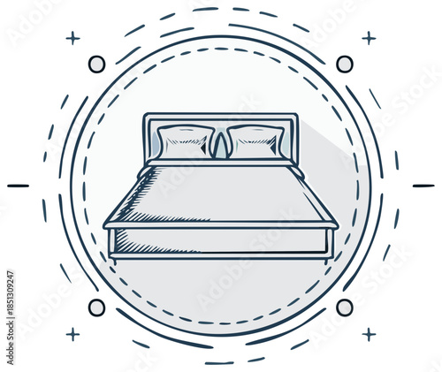 Hand Drawn Doodle Style Bed Icon with Pillows and Blanket in Circular Frame