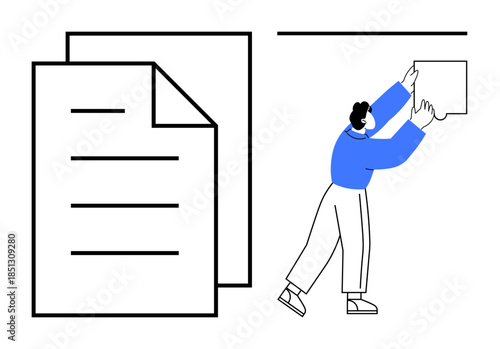 Document management. Visual depiction of document handling, organizing, and storage. Document systems aid productivity, archiving, and communication. Perfect for technology, workflow automation