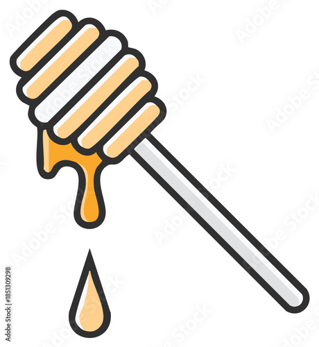 Illustration of a honey dipper drizzling golden honey, drips and layers isolated on white for graphic use, simple and clean style