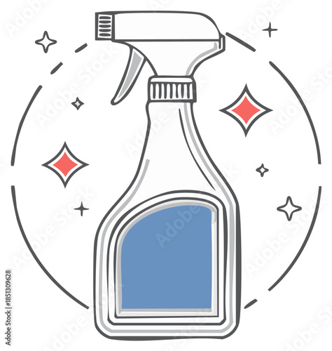 Illustration of a spray bottle with cleaning supplies, a sanitizing liquid and a sparkle effect for cleanliness, vector