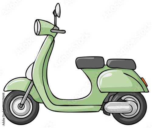 Retro style light green scooter with two seats in profile view
