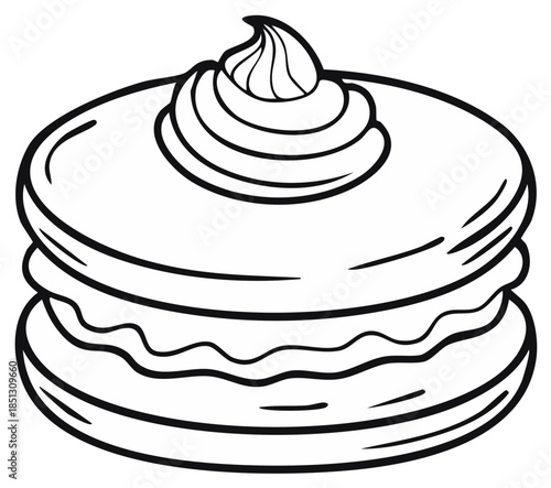 Cartoon drawing of layered dessert with frosting topping, bakery treat graphic.