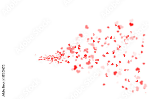 Stream of bright red hearts bursting from the left and expanding outward, a playful jet of love confetti racing across a white background like an arrow of joy and affection

