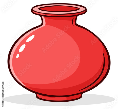 Cartoon red vase with glossy highlights isolated against white background