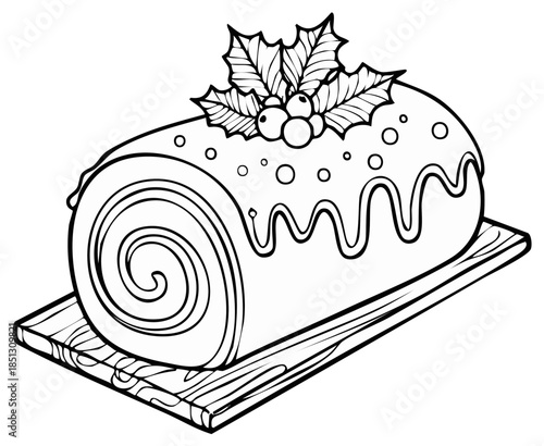 Outline drawing of a festive Christmas Yule Log cake decorated with holly and icing