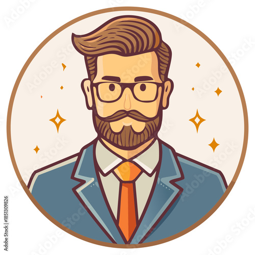 Cartoon illustration of a stylish professional man with a beard and glasses in a circular frame