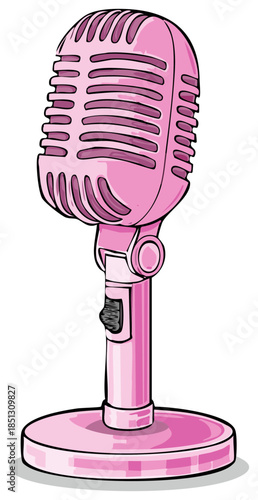 Retro Cartoon Microphone in Pink Elegant Vintage Radio Equipment Stand for Music Performances