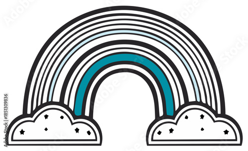 Rainbow with Clouds Vector Illustration. Colorful Rainbow Line Art and Stars. Weather Icon Cartoon