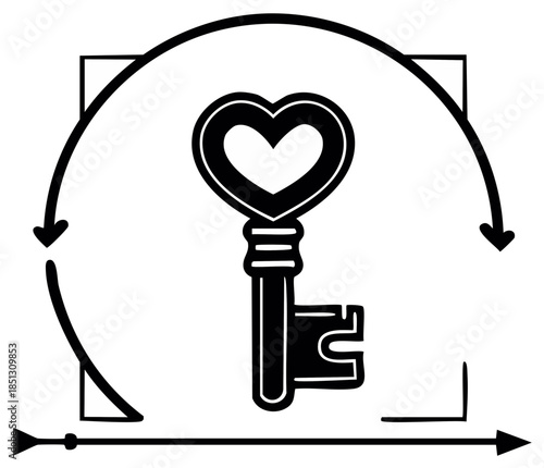 Heart key symbolizing love access and open possibilities with circular arrows representing cycles and flow