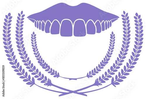 Purple stylized mouth and teeth with botanical laurel wreath on white background