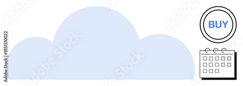 Blue cloud icon paired with calendar grid and Buy button. Ideal for cloud computing, online shopping, strategic planning, e-commerce, data storage, scheduling, digital productivity. Simple flat