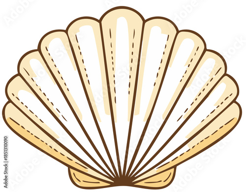 Stylized sea shell illustration of a scallop with tan edges against white interior for vacation or ocean theme