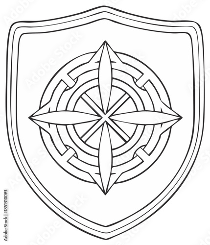 Shield with geometrical sign drawn in linear style for heraldic or fantasy symbol