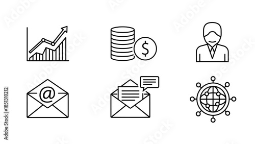Set of black and white outline financial growth and communication icons, global business, investment and social media on isolated white background