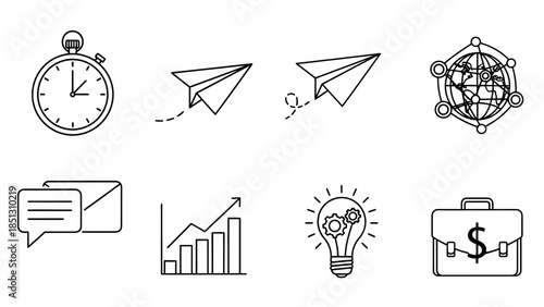 Set of black and white outline business communication and growth icons, time management, global strategy, creative ideas on isolated white background