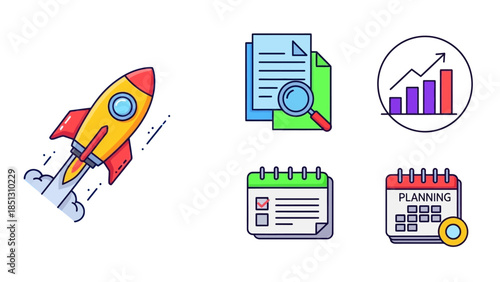 Colorful set of business growth and planning icons, startup success, document analysis and financial progress on isolated white background