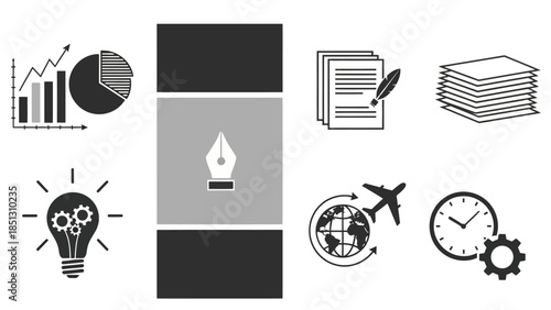 Diverse collection of business and productivity icons, data analysis, creative ideas, global travel and efficiency on isolated white background