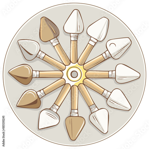 Dental tools arranged in circle. Illustration of dental instruments on gray plate. Equipment design for dentistry care concept.