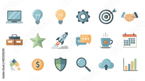 Colorful set of business and marketing icons, idea generation, financial success, teamwork and project management on isolated white background