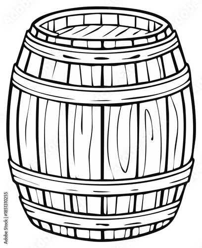 Stylized wooden barrel outline illustration with staves and metal hoops for design or coloring page