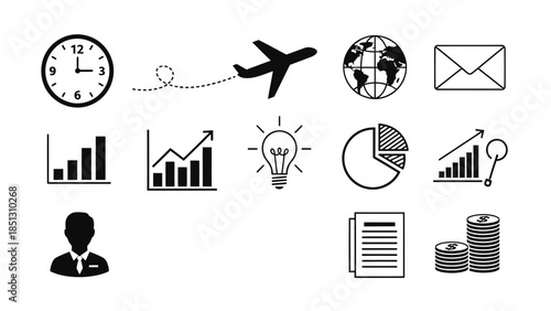 Set of black and white outline business and finance icons, global communication and data analysis on isolated white background