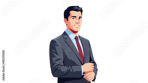 Friendly Young Businessman with Clasped Hands and a Gentle Smile, Wearing a Grey Suit and Red Tie on an isolated white background.