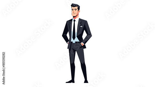 Confident Young Businessman Standing with Hands on Hips, Wearing a Stylish Black Suit and Tie on an isolated white background.
