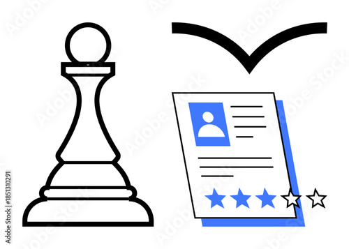Chess pawn next to a professional resume with star ratings, promoting decision-making, personal growth, career strategy, leadership development, self-improvement, evaluation, and vision, simple flat