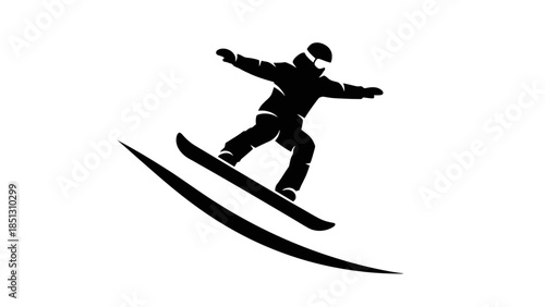 Dynamic Silhouette of a Snowboarder Speeding Down a Snowy Slope with Motion Lines on an isolated white background.