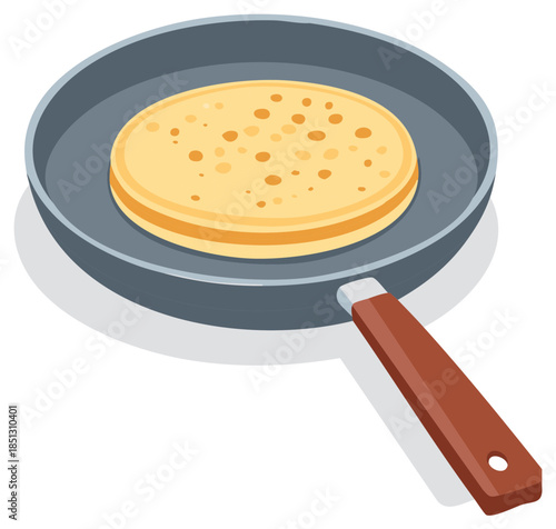 Stack of golden crepes cooking in a flat frying pan with brown handle in isometric view
