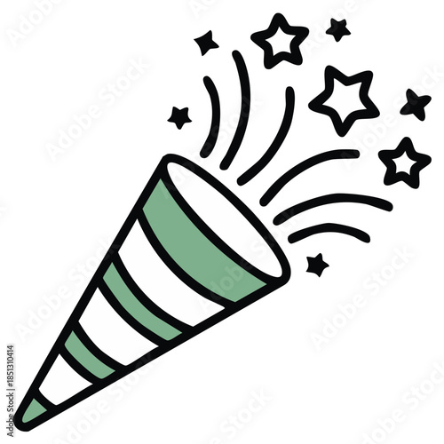 Striped party popper exploding with confetti stars, festive celebratory decoration with color line, icon