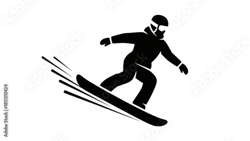 Silhouette of a snowboarder in action, carving down a snowy slope with speed lines.