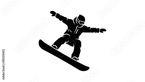 Dynamic Snowboarder Icon in Mid-Air Action with Goggles and Helmet on Isolated White Background