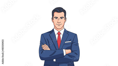 Confident Businessman in Blue Suit with Red Tie Standing with Arms Crossed and Smiling on Isolated White Background