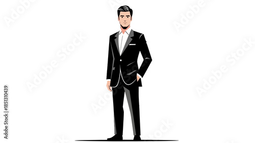 Confident Young Businessman in Elegant Suit Standing with Hands in Pockets on Isolated White Background