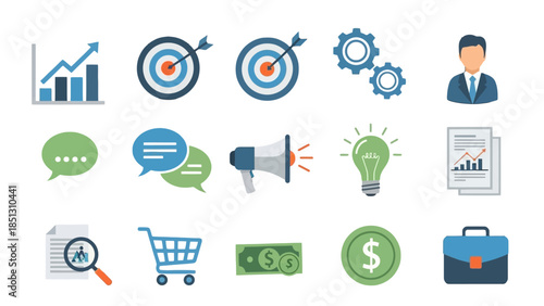 Business and Marketing Concept Icons Set with Growth Chart, Target, Megaphone, Light Bulb, and Money on Isolated White Background