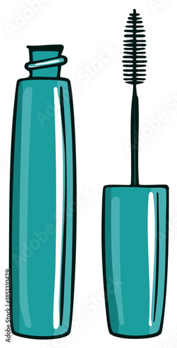 Illustration of Blue Mascara Tube and Applicator for Eye Makeup Cosmetics