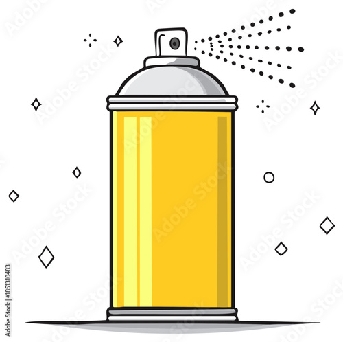 Cartoon illustration of a yellow aerosol spray can spritzing a fine mist