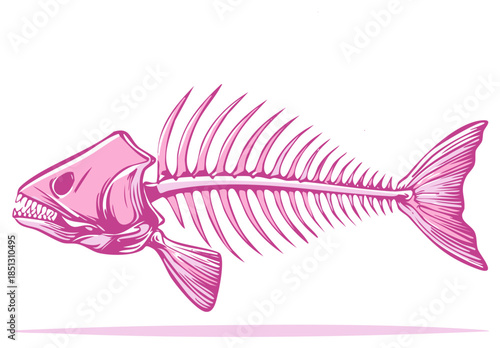 Stylized pink fish skeleton illustration with sharp teeth. Vector graphic of marine animal bones.