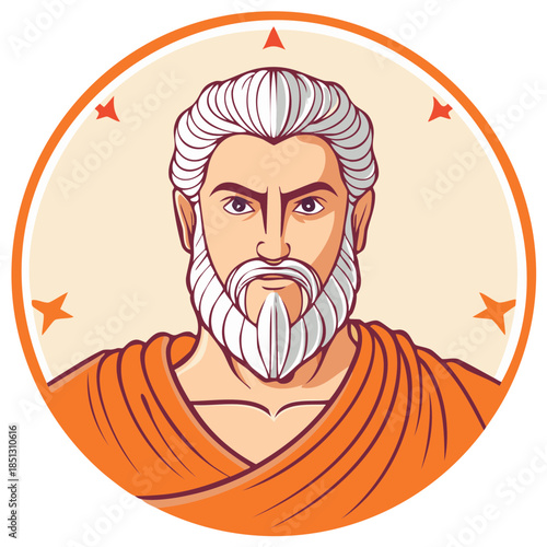 Ancient wise man with white beard and hair wearing orange robes stylized illustration