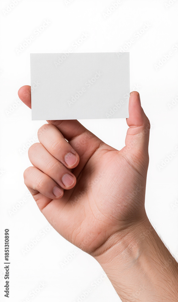 Fototapeta premium A hand holds a blank white business card against a plain background, symbolizing new beginnings and professional opportunities.