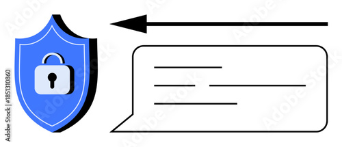 Data security. Shield with lock icon protection, encrypted message ensuring secure communication. Data security is critical for privacy and sensitive data. Ideal for cybersecurity, technology apps
