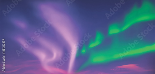 Lavender and emerald aurora sweeping across a dusky twilight sky, soft ribbons of light curling above a rosy horizon and blending into a dreamy watercolor canvas of polar evening magic

