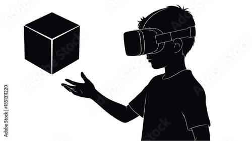 A silhouetted figure experiences virtual reality interacting with a floating cubic shape